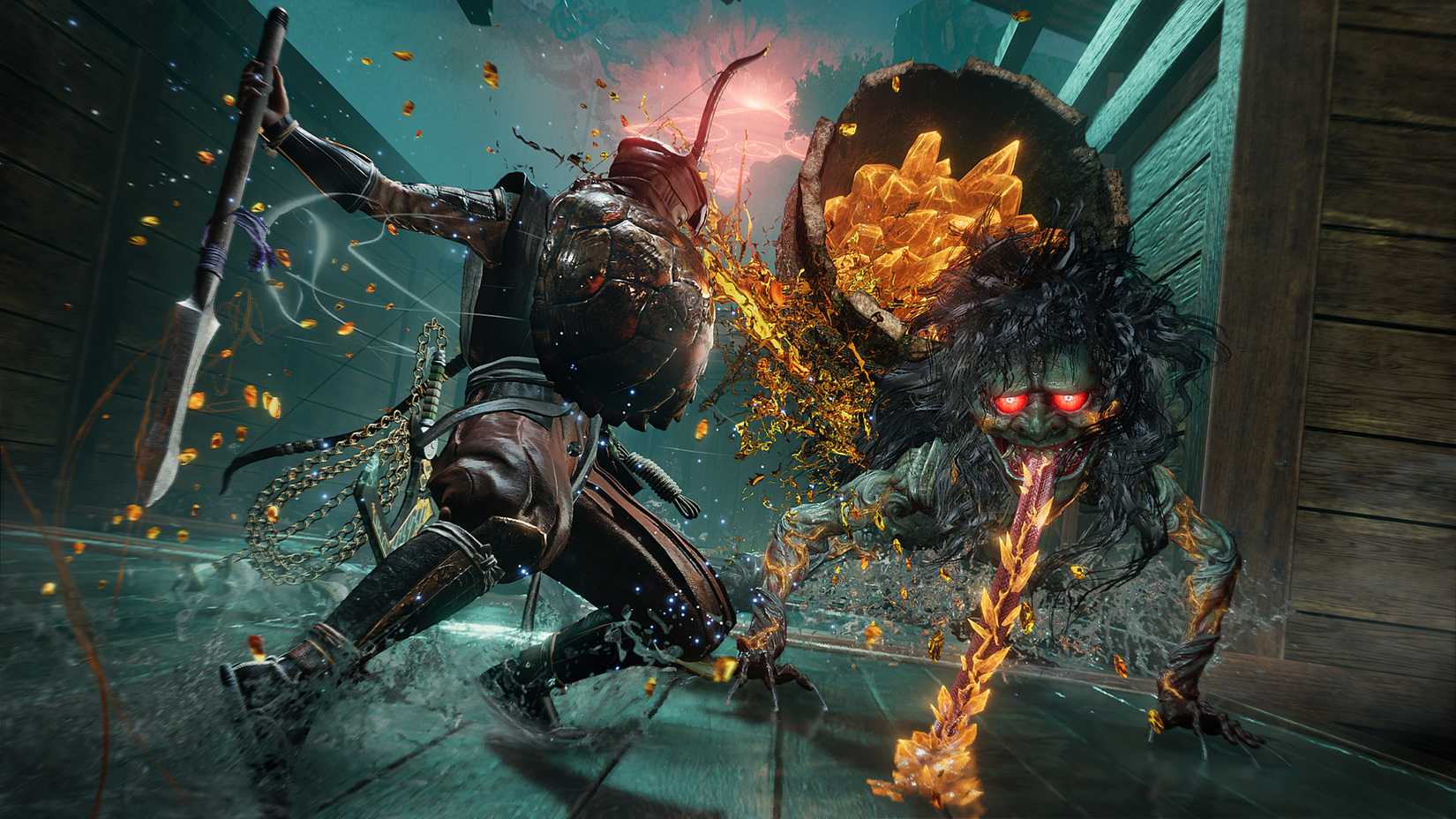 Takechiyo بە بەکارهێنانی Hoko و Shield لە بەرامبەر Yokai لە Nioh 3's Hell Rising DLC.