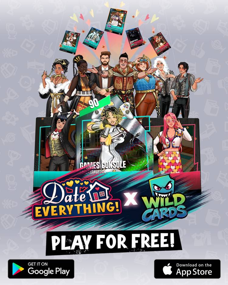Official art for the Date Everything! Wild Cards collaboration with the mobile store banners at the bottom.-1