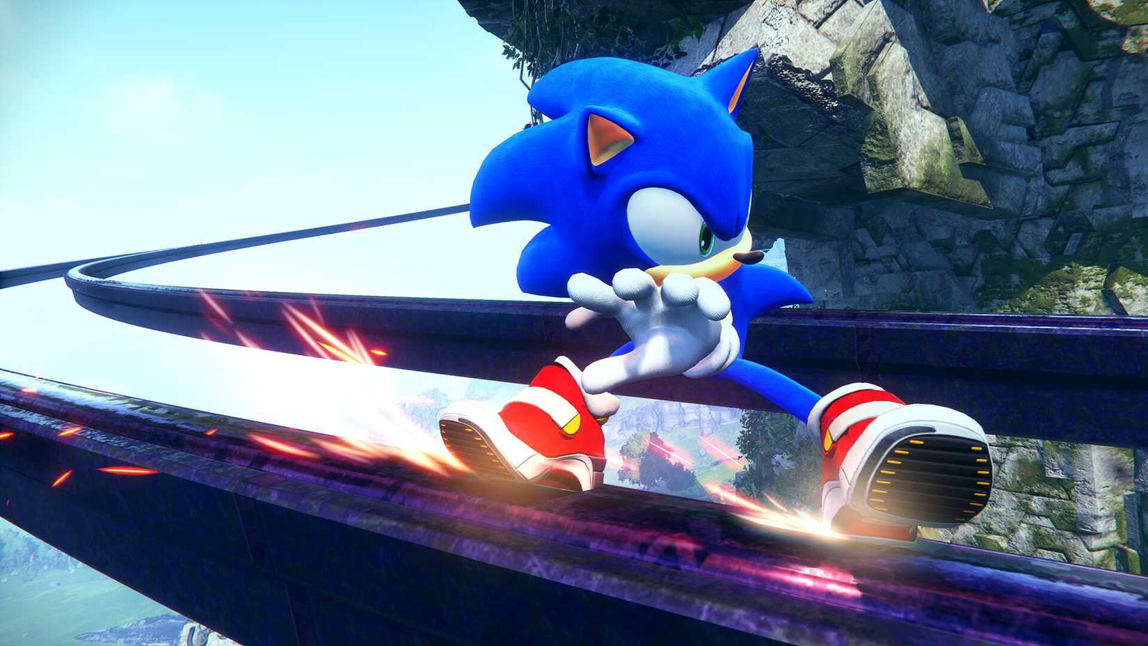 Sonic grinding on a puple rail in Sonic Frontiers.