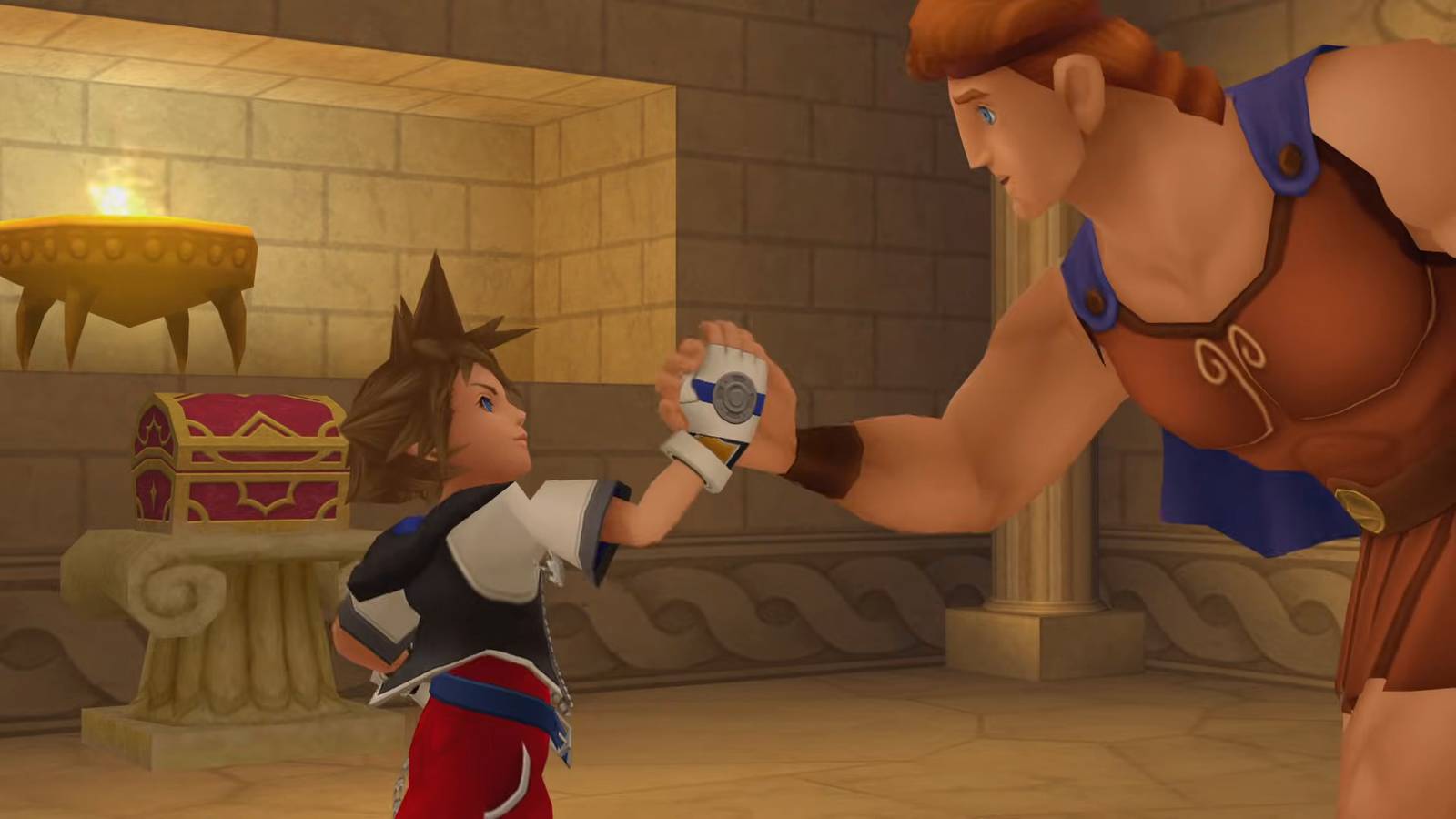 Sora shaking hands with Hercules in Kingdom Hearts.