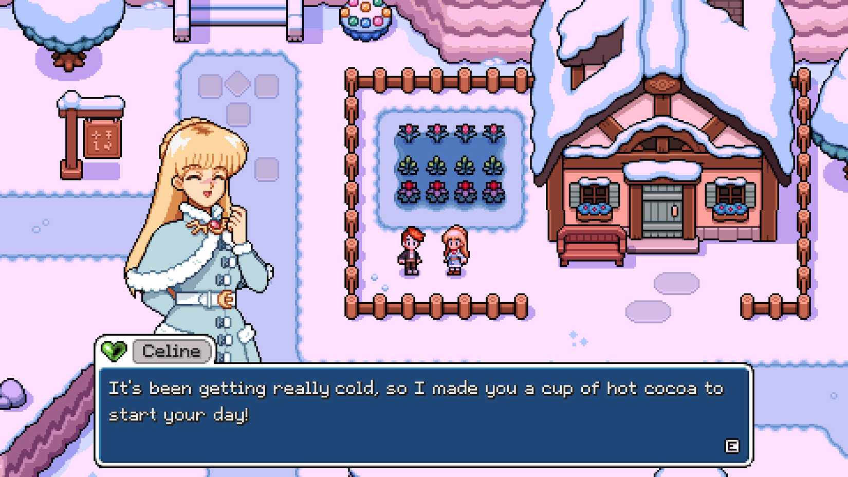 Celine offers the player a cup of hot cocoa in Fields of Mistria. 