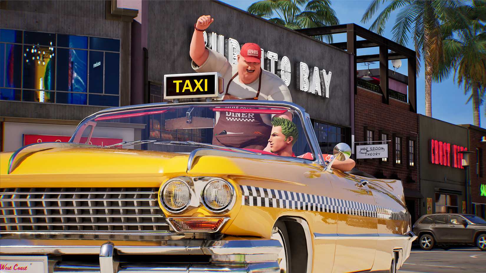 passenger fist pumping in the back of axel's crazy taxi taxi.