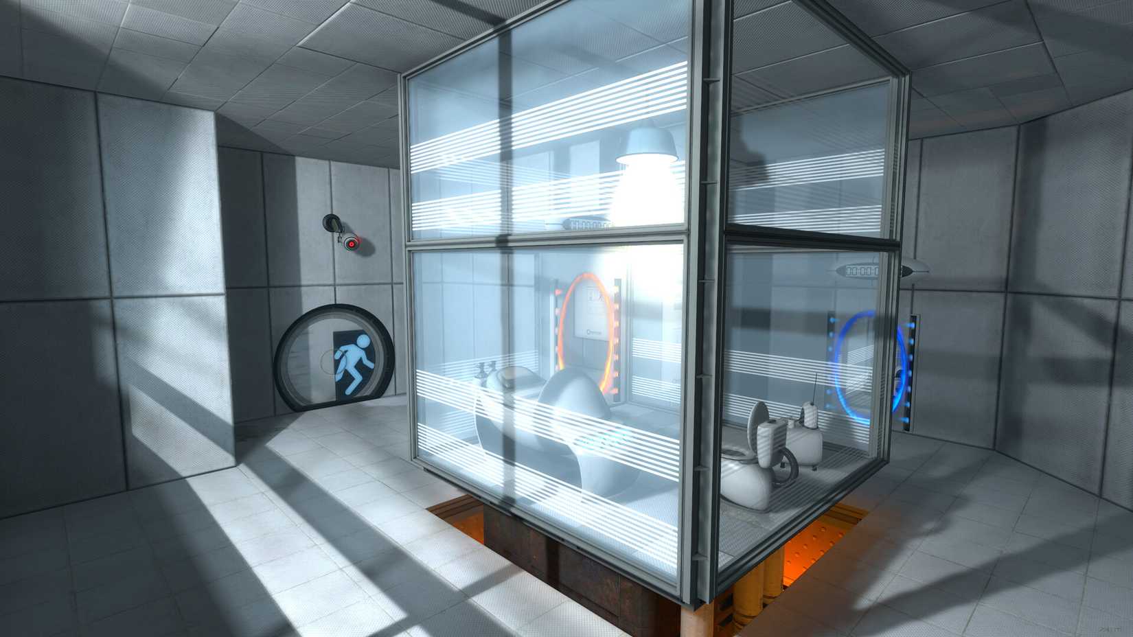 Starting test chamber in Portal, a small glass box with a futuristic bed, toilet, and table. There's a radio on top, and an orange portal leading out to the rest of the room.