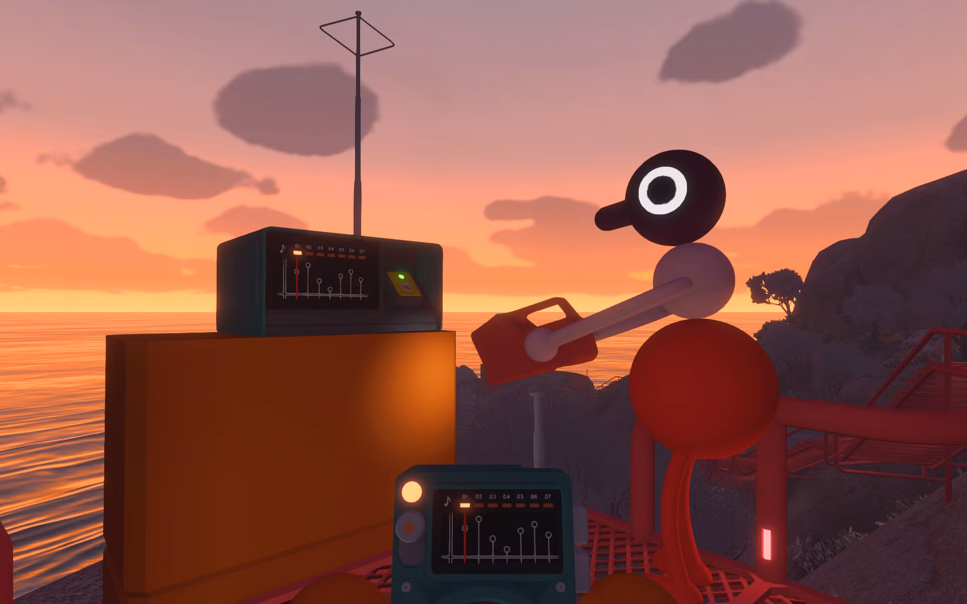 Due personaggi di Big Walk vicino alla radio sul sentiero rosso, uno con il ricevitore e l’altro con una torcia al tramonto