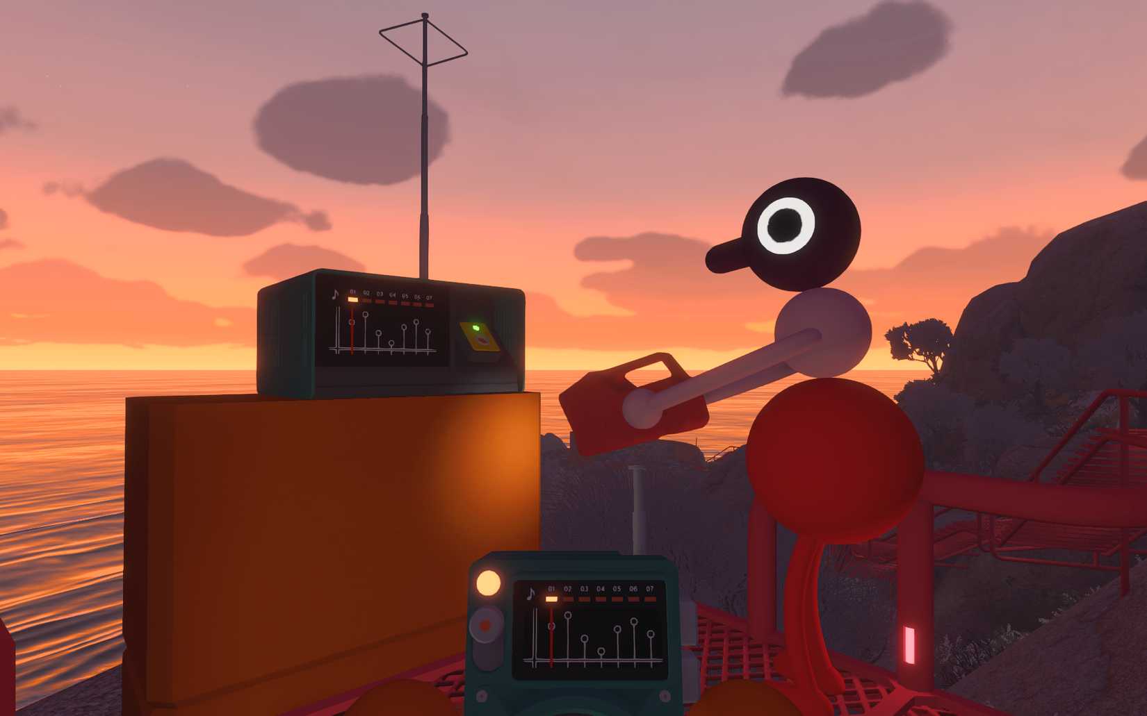 Personaggi di Big Walk accanto alla radio sul sentiero rosso al tramonto