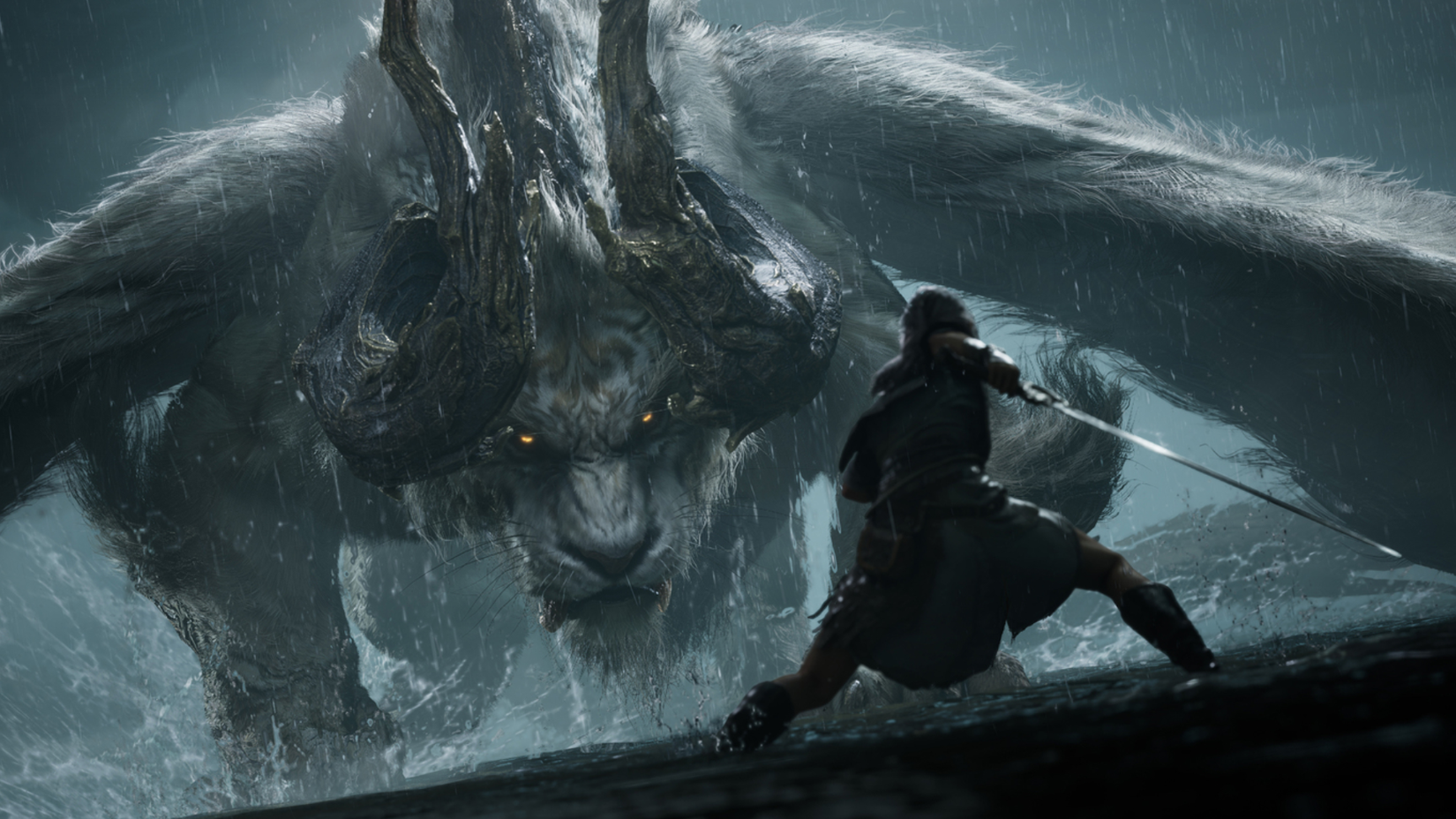 a nodus fall character fighting a giant white tiger like creature with horns.