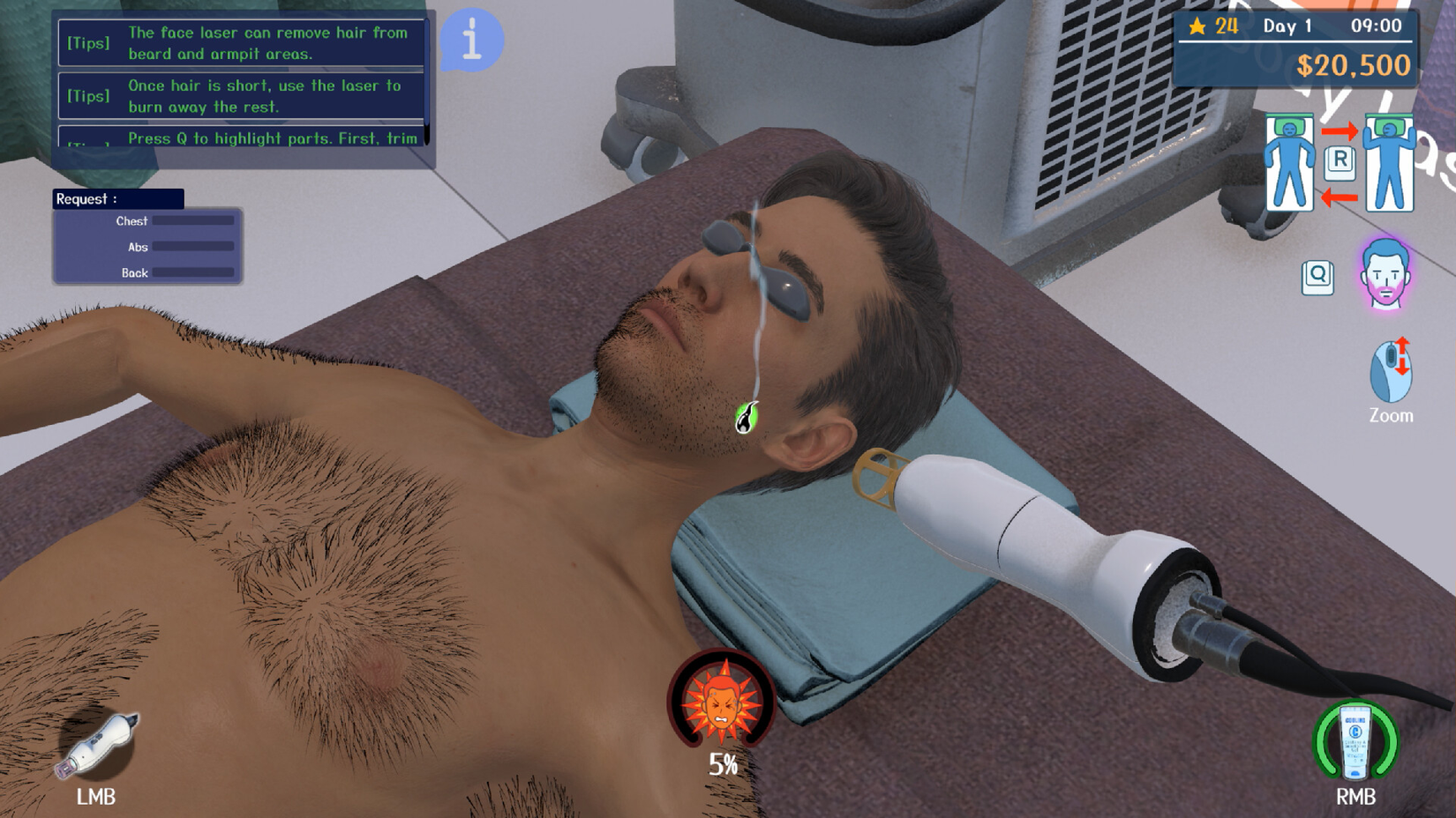 a man having facial hair removed in hair removal salon sim.