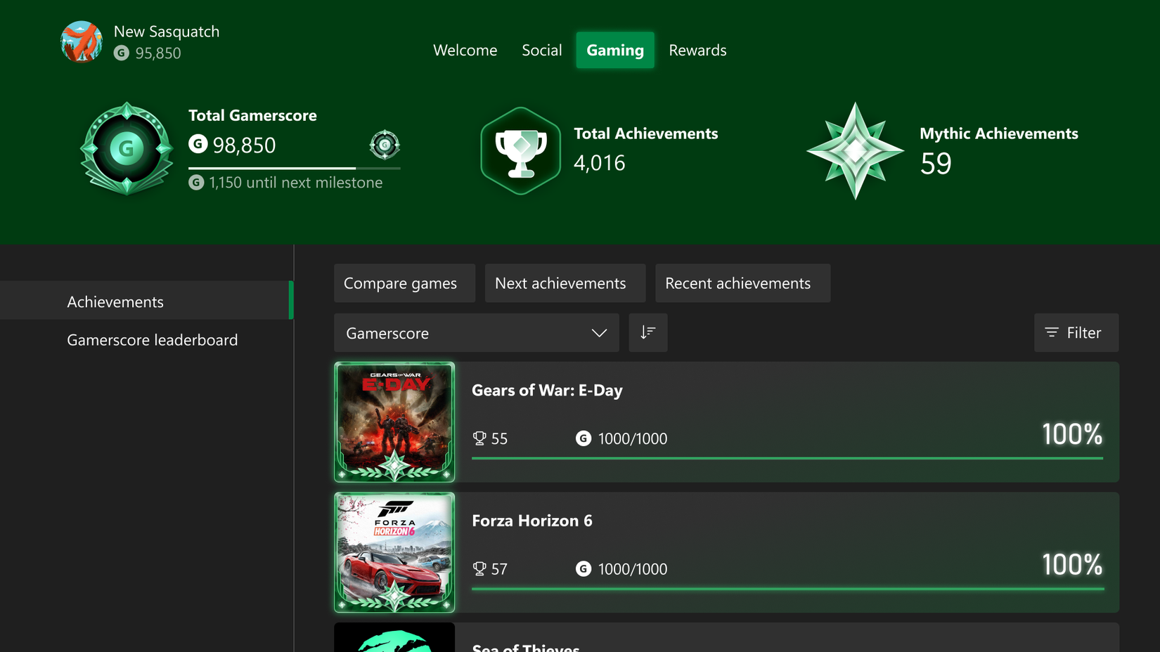 Xbox account page showing Mythic Achievements