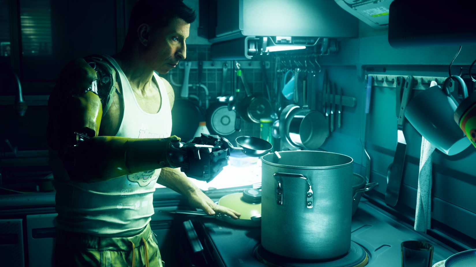 A character cooking in No Law.