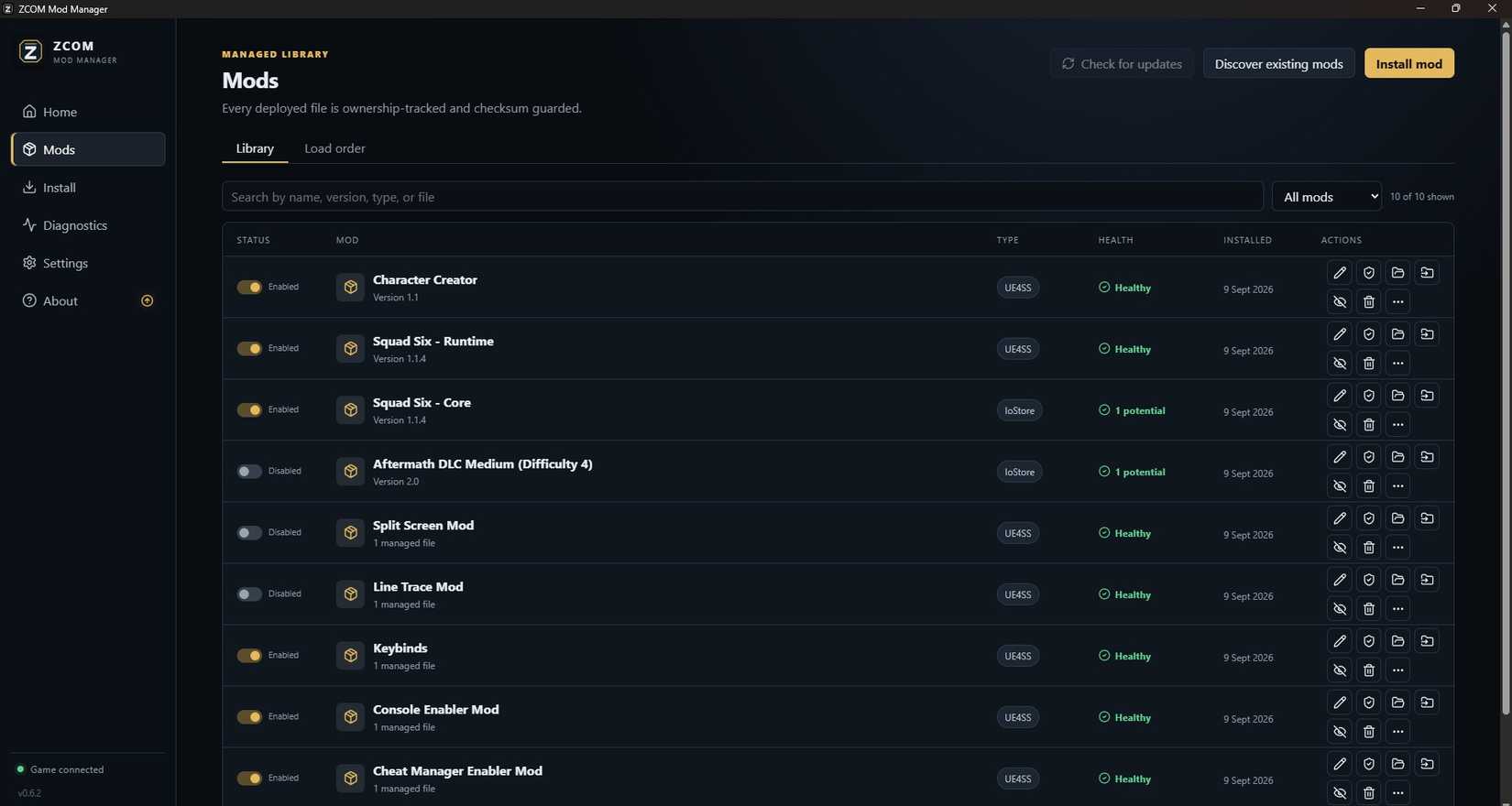 A list of mods installed for Star Wars Zero Company using the ZCOM Mod Manager.