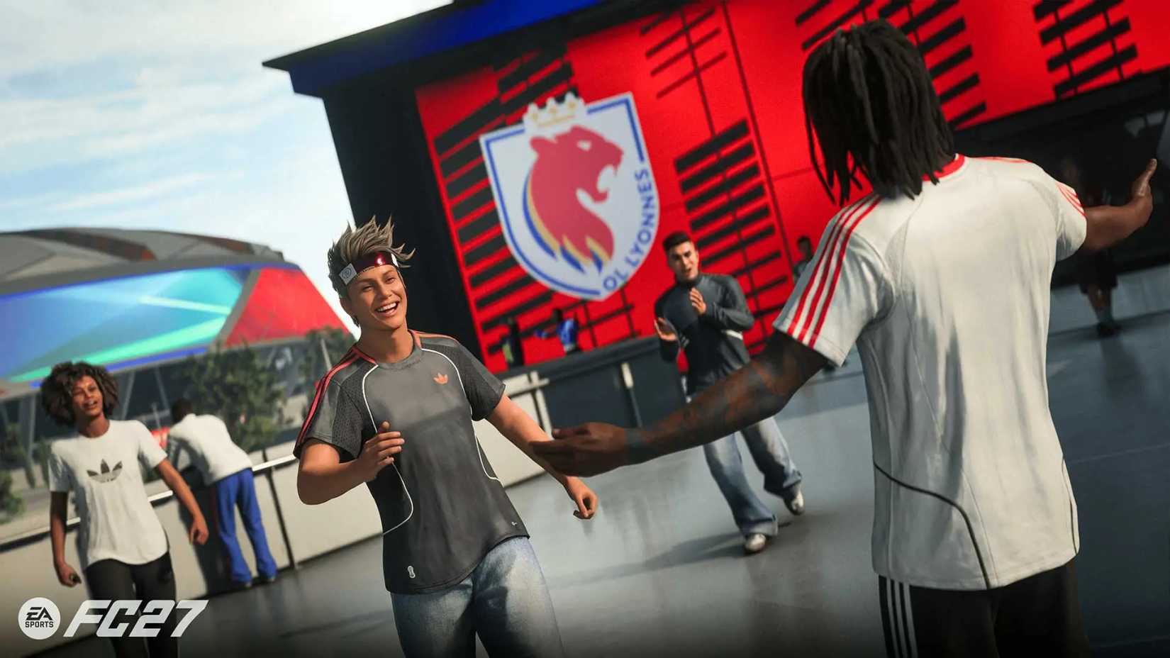 A promo shot of EA Sports FC 27 The Grounds showing two created characters embracing one another from a distance.