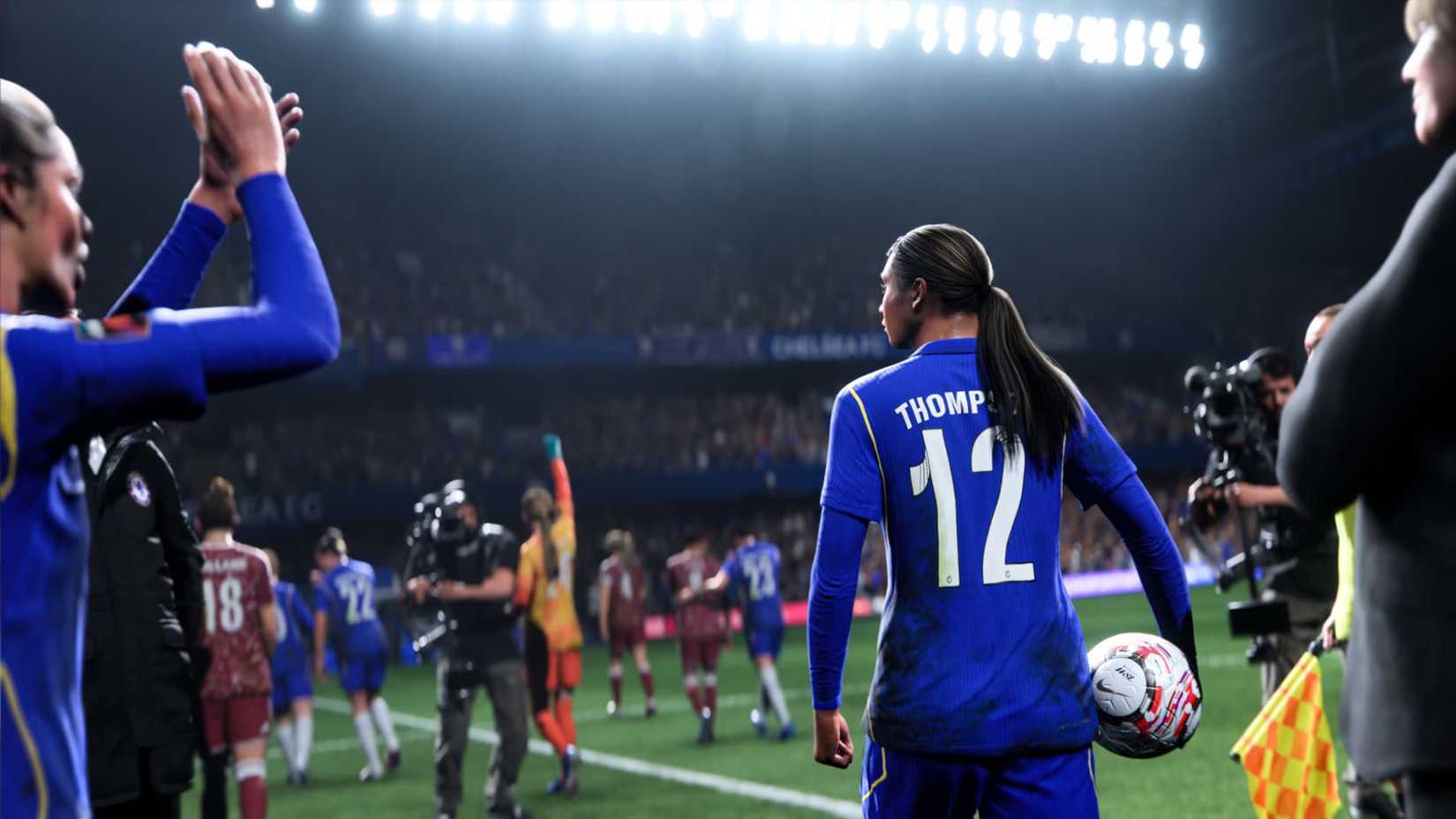 An image of Chelsea FC womens players celebrating after a match in FC 27.