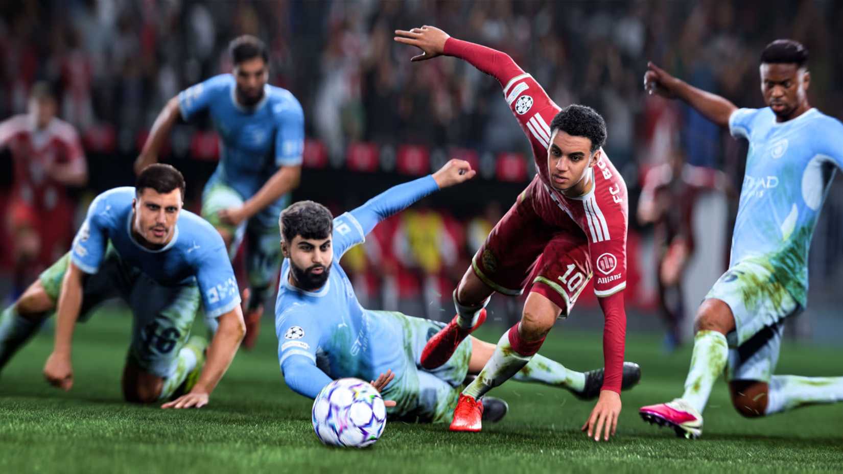An image of Jamal Musiala stumbling as he makes his way past multiple Manchester City players in FC 27.