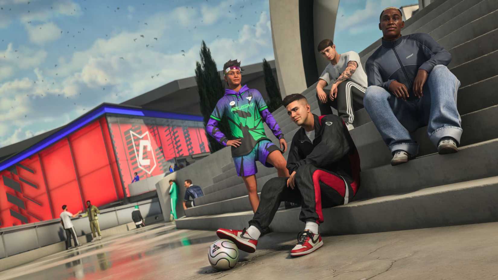 An image of players sitting on stairs in The Grounds FC 27 game mode.