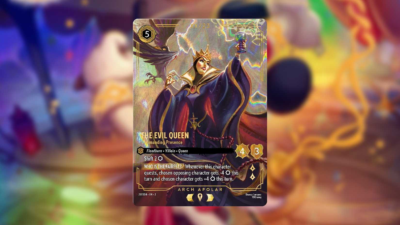 An image of The Evil Queen Illustrious card from Disney Lorcana.