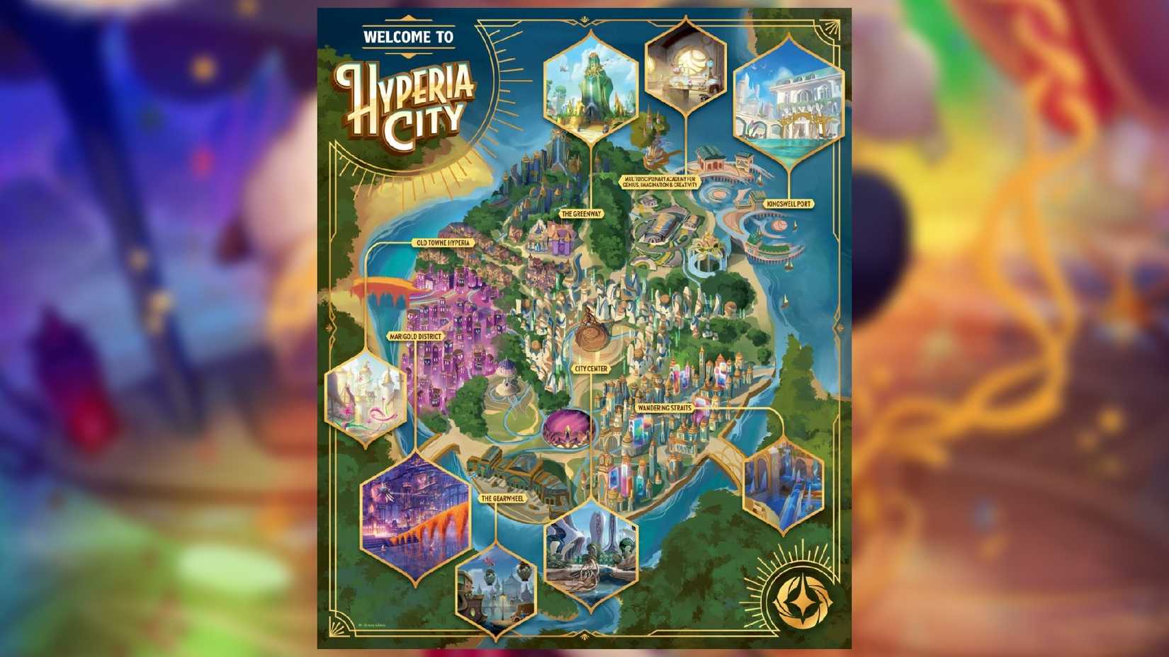 An image of the Hyperia City map poster from Disney Lorcana.