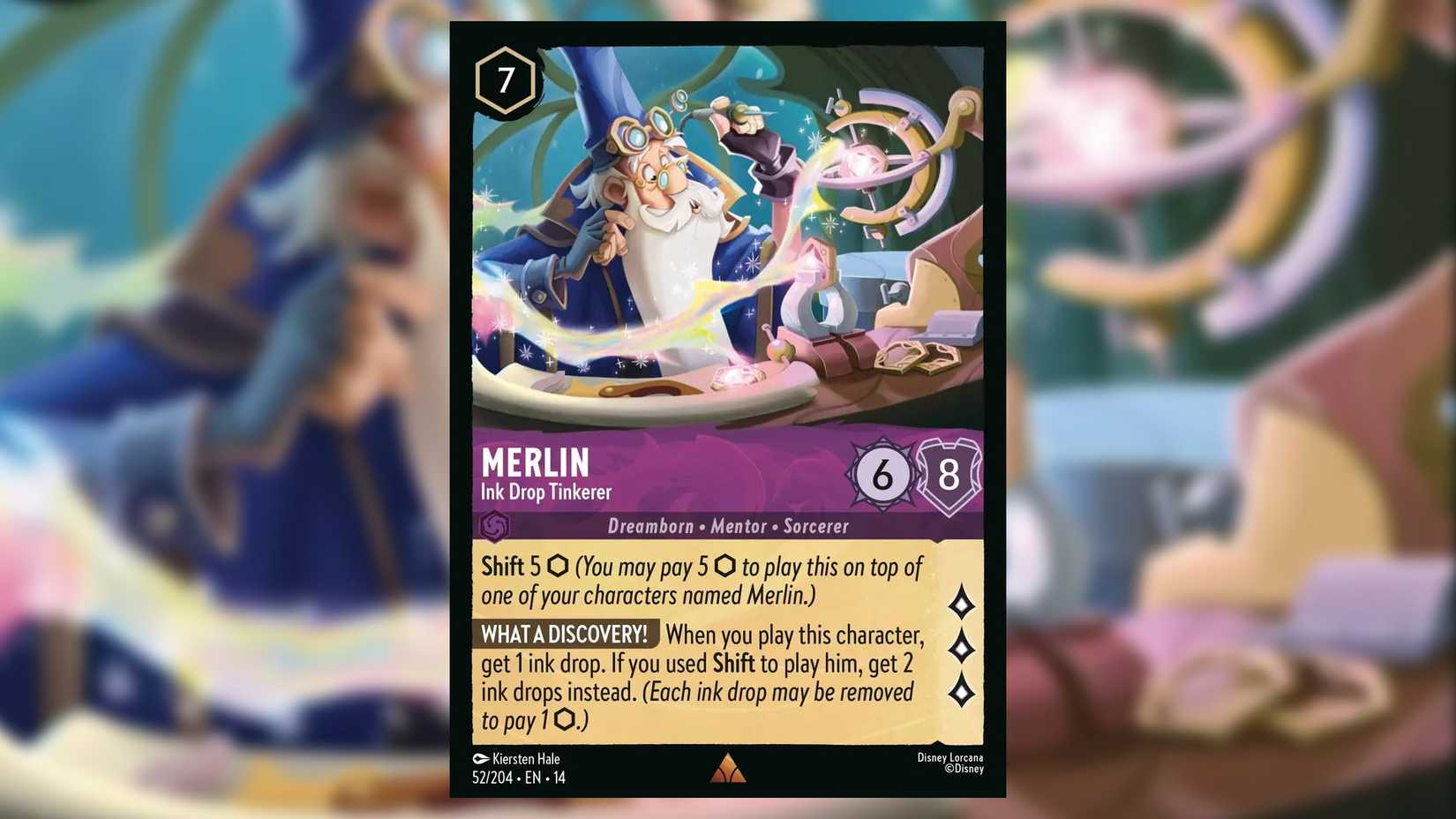 An image of the Merlin, Ink Drop Tinkerer card from Disney Lorcana.
