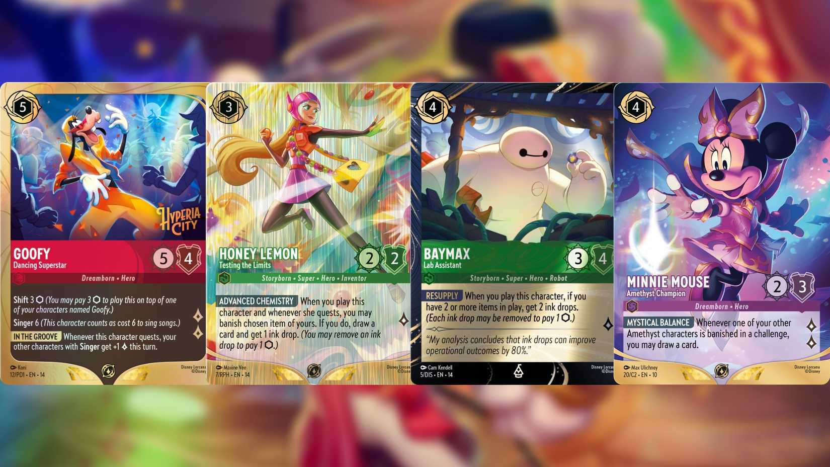 An image showcasing four promo cards from Disney Lorcana Hyperia City.