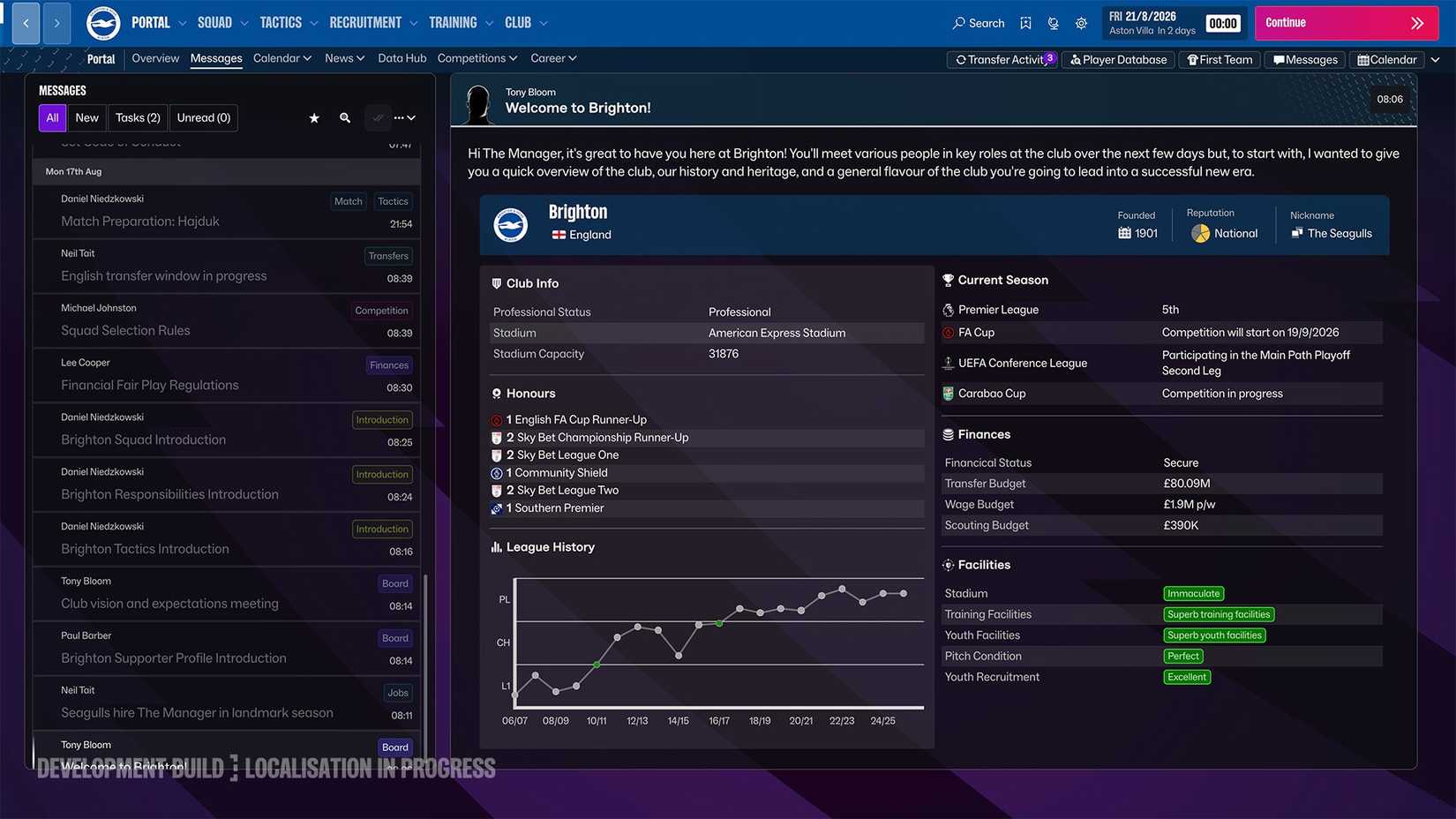 An image showing the new inbox home screen of football manager 27.