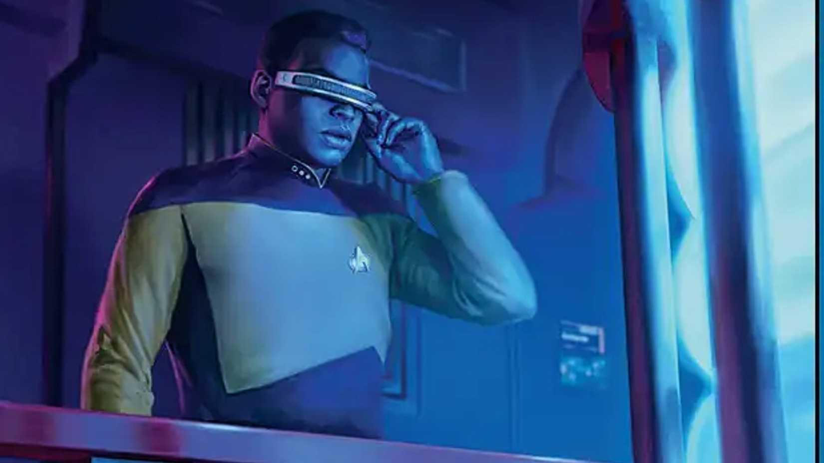 An up-close image of Jordi La Forge from the MTG Star Trek set.