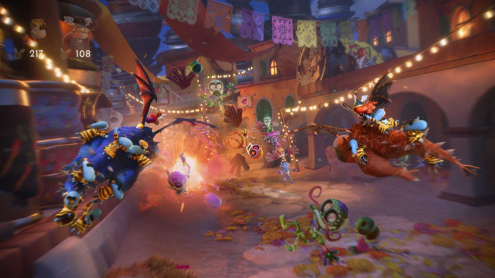 Rayman and Globox riding dragons in Rayman Legends Retold.