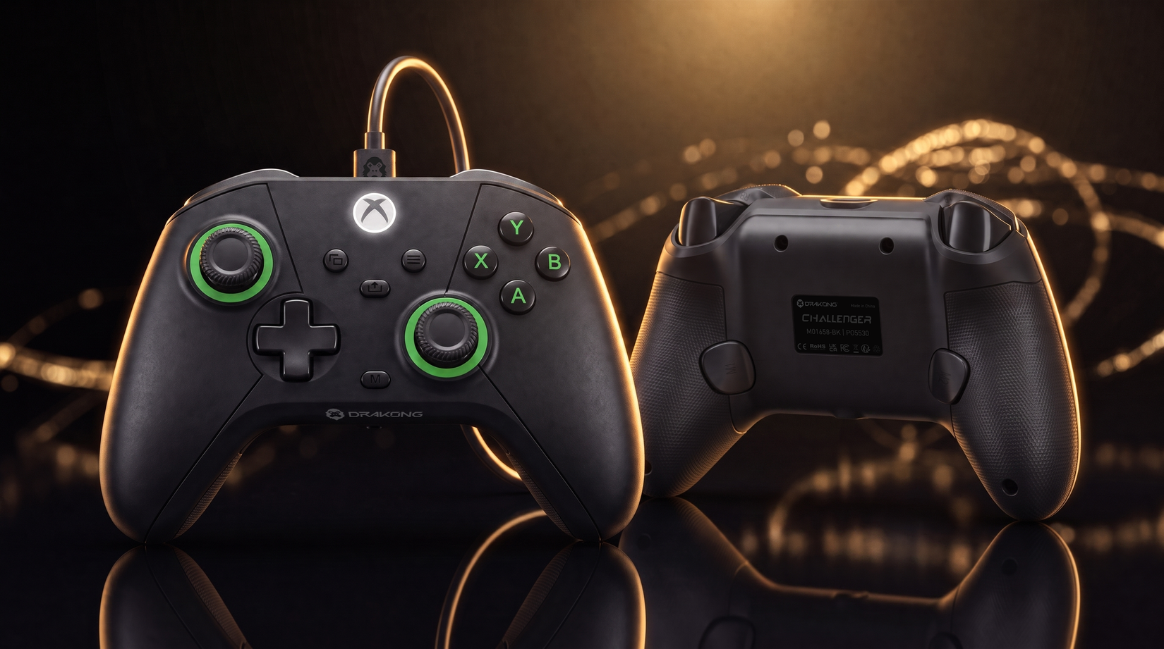 The back and front of the Challenger controller, which is a third party Xbox controller.