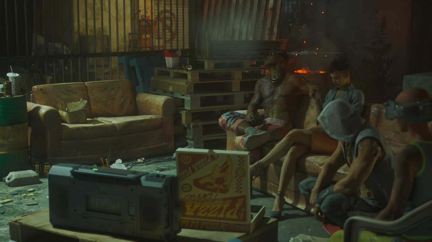 Characters sat on a sofa in No Law.