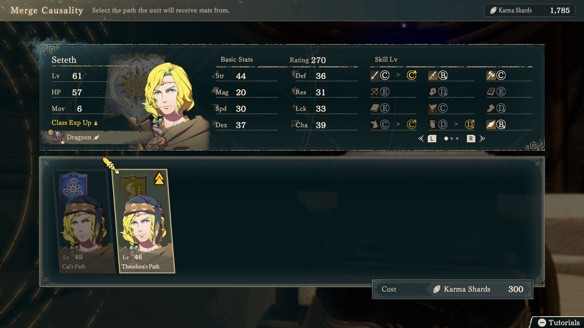 Checking Seteth's weapon skills in the Merge Causality menu of Fire Emblem Fortune's Weave.