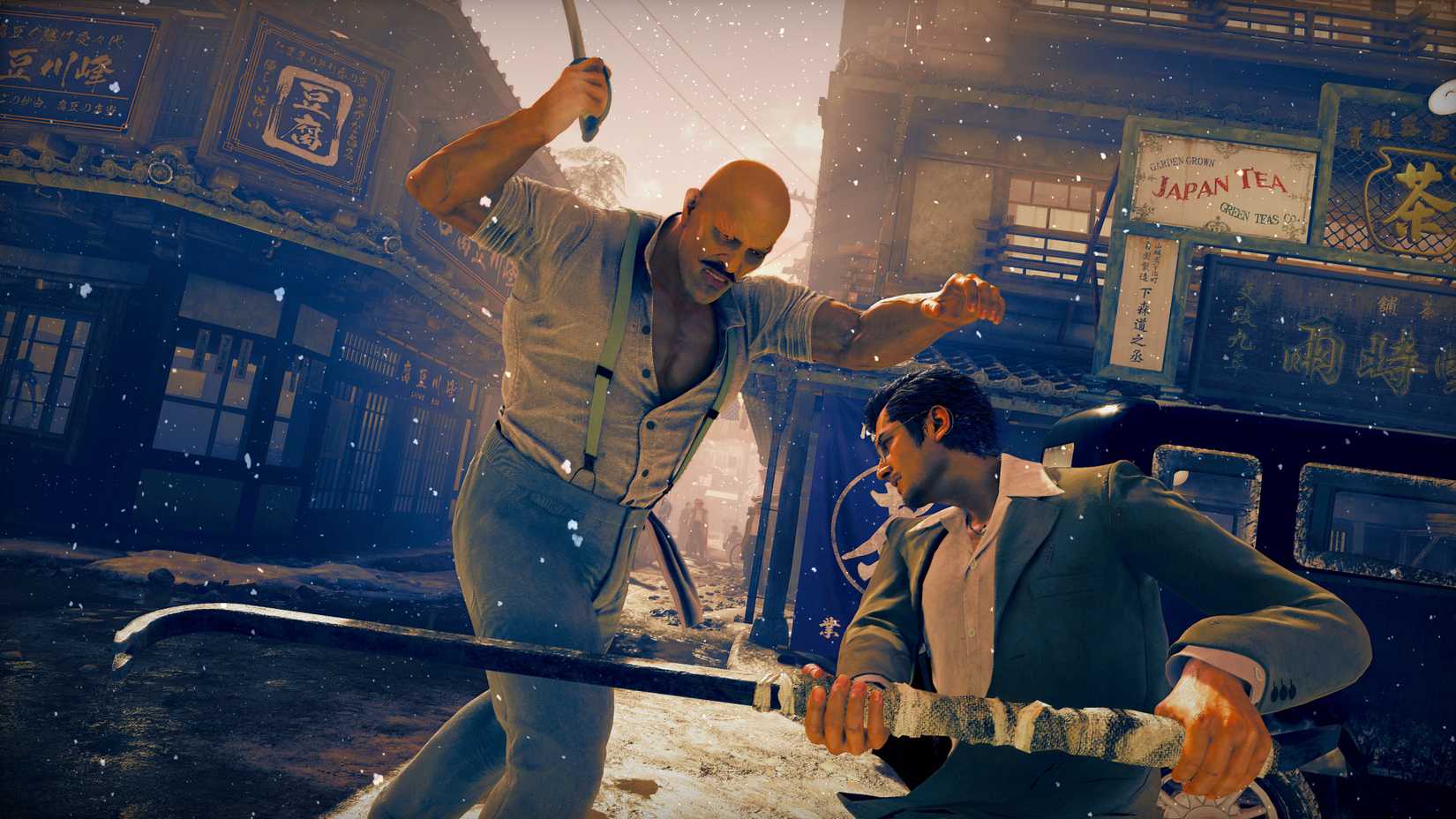 Daito fighting a large man in Stranger Than Heaven.