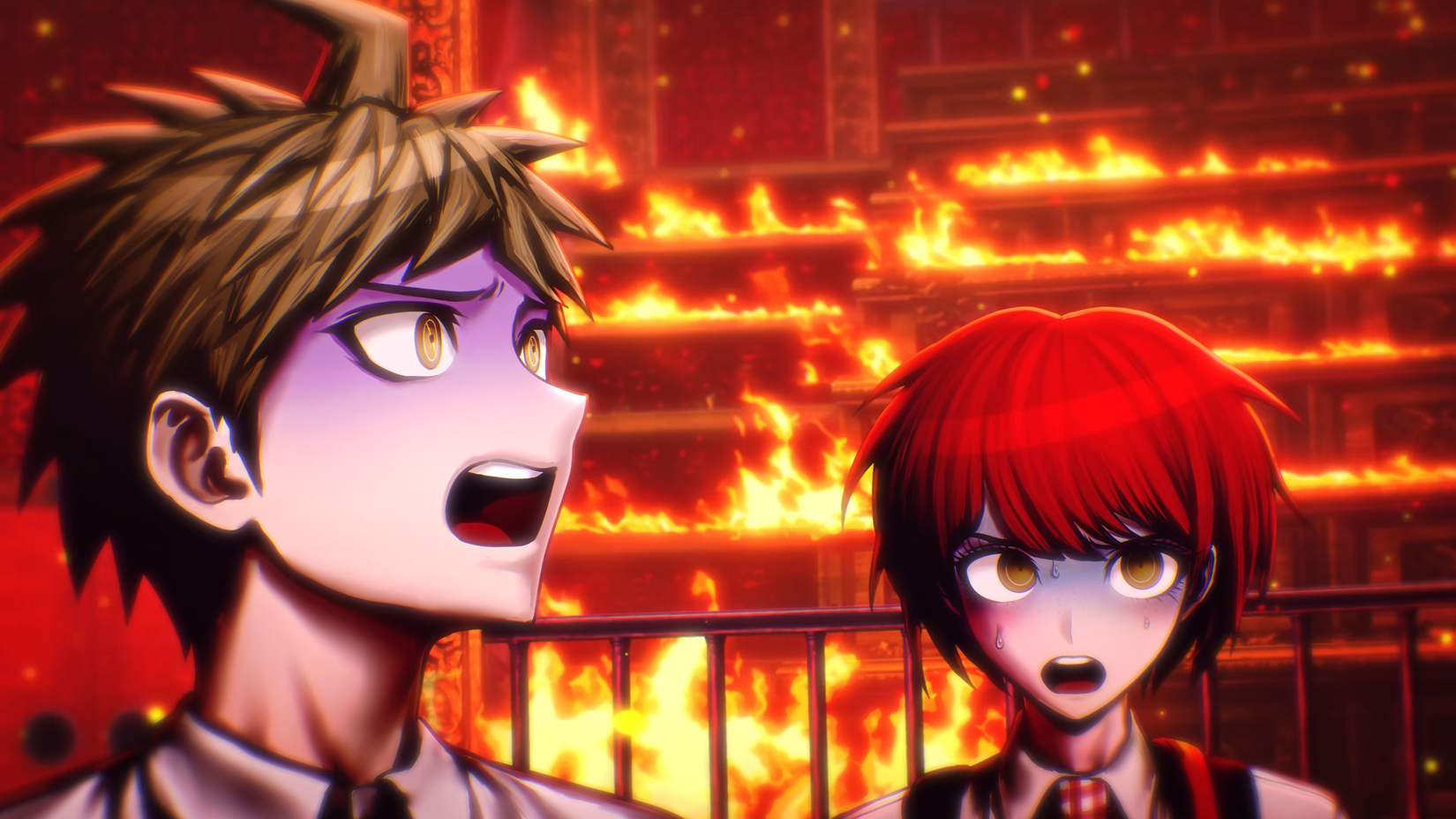 Danganronpa 2x2 Hajime and Mahiru in a burning trial room.