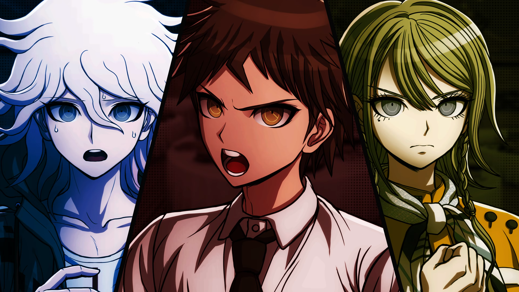 Danganronpa 2x2 characters standing next to each other during a trial.