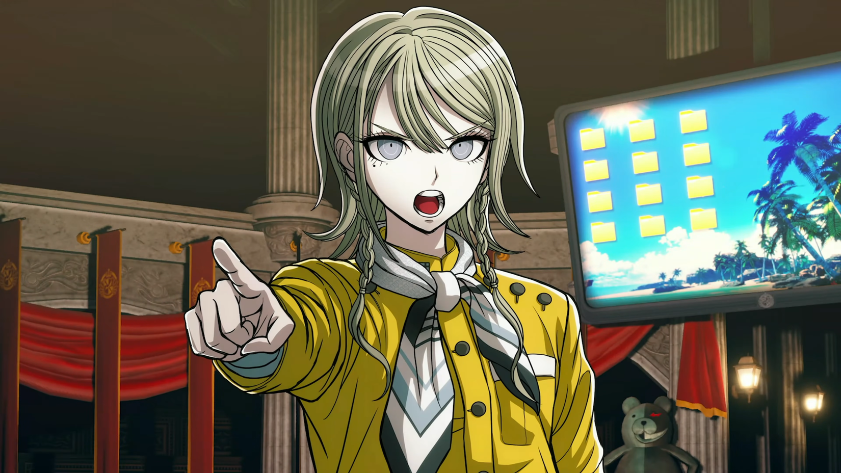 Danganronpa 2x2 new character pointing towards the camera.
