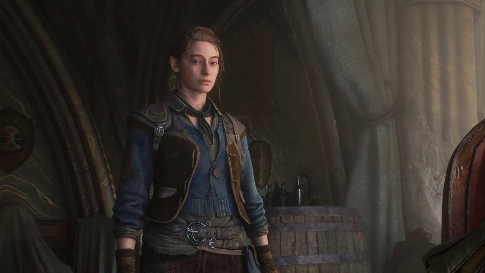 Fable protagonist standing in a dimly lit room in front of barrels and furniture covered in drapes.