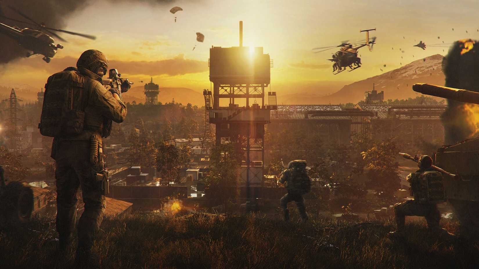 Wardogs official game art of soldiers walking towards a complex.