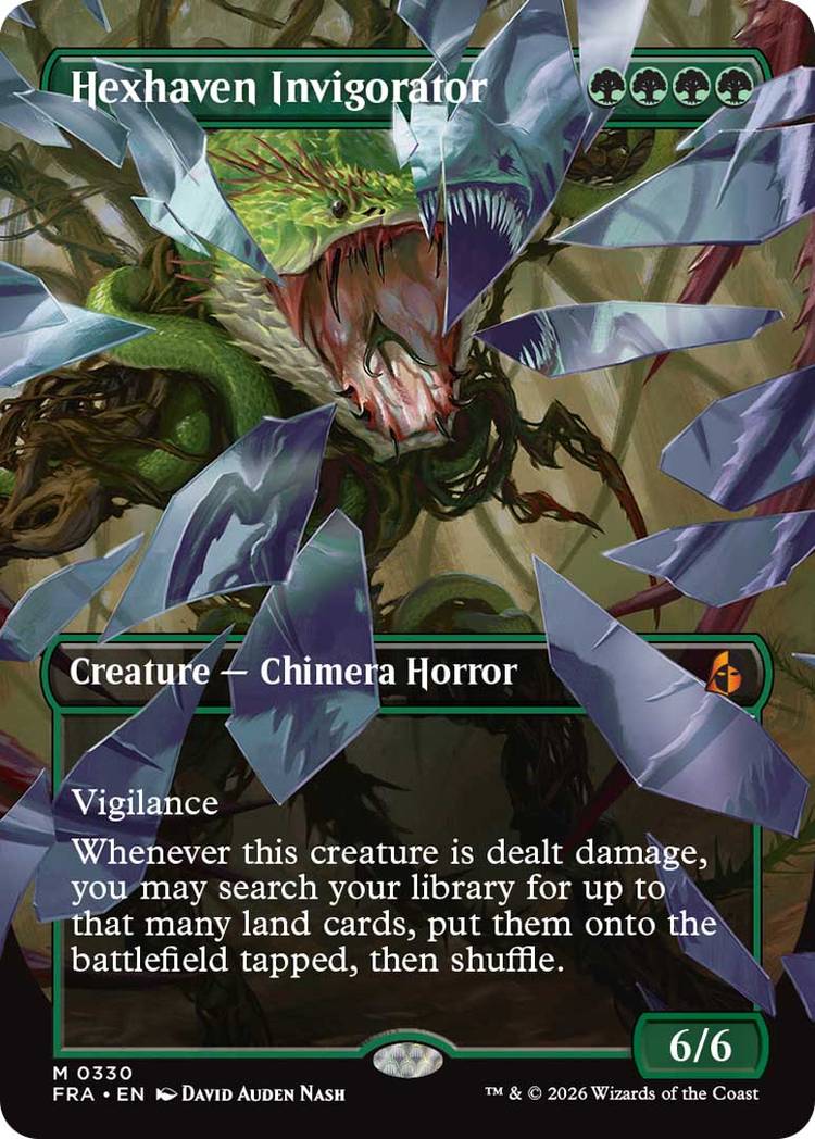 An image of Hexhaven Invigorator in the Shattered Mirror variant from MTG Reality Fracture.