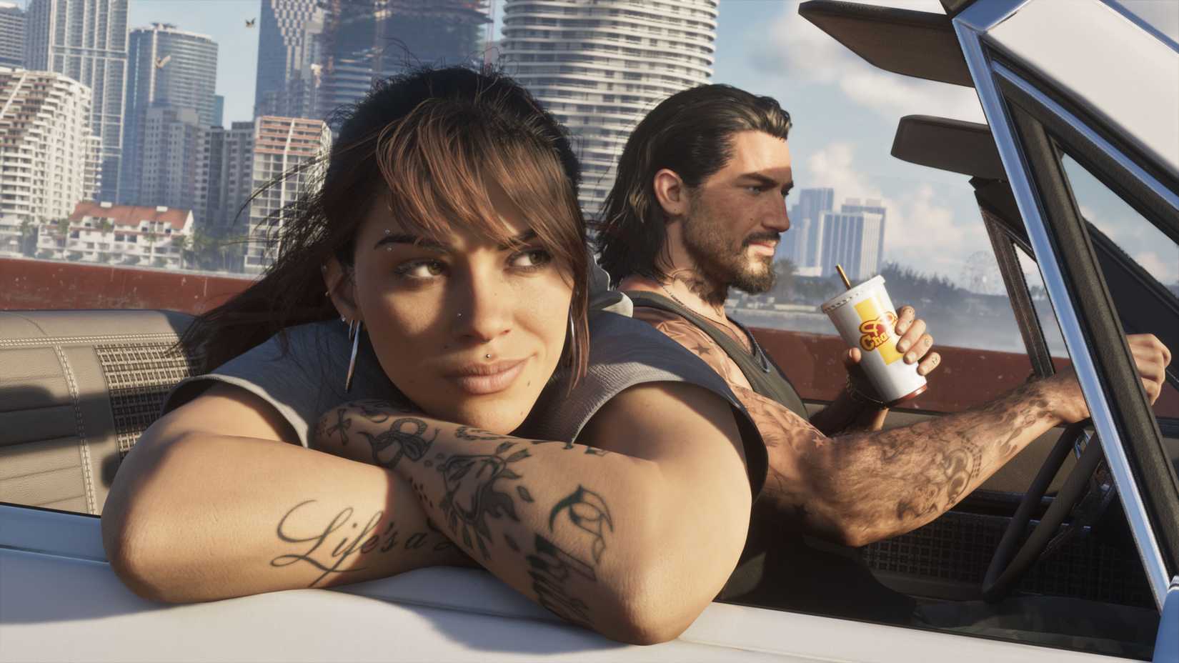 lucia leaning out of a car in gta 6.