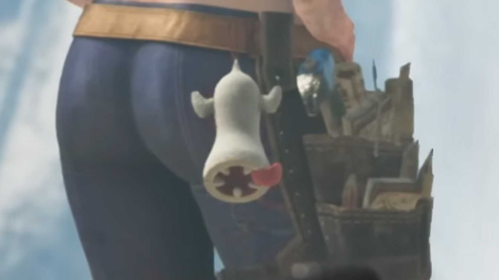 Khezu Plush on Genma's Belt in Monster Hunter Wilds Ascendance.