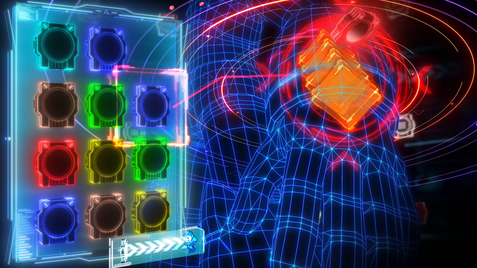 Mega Man being powered up by upgrade chips in Dual Override.