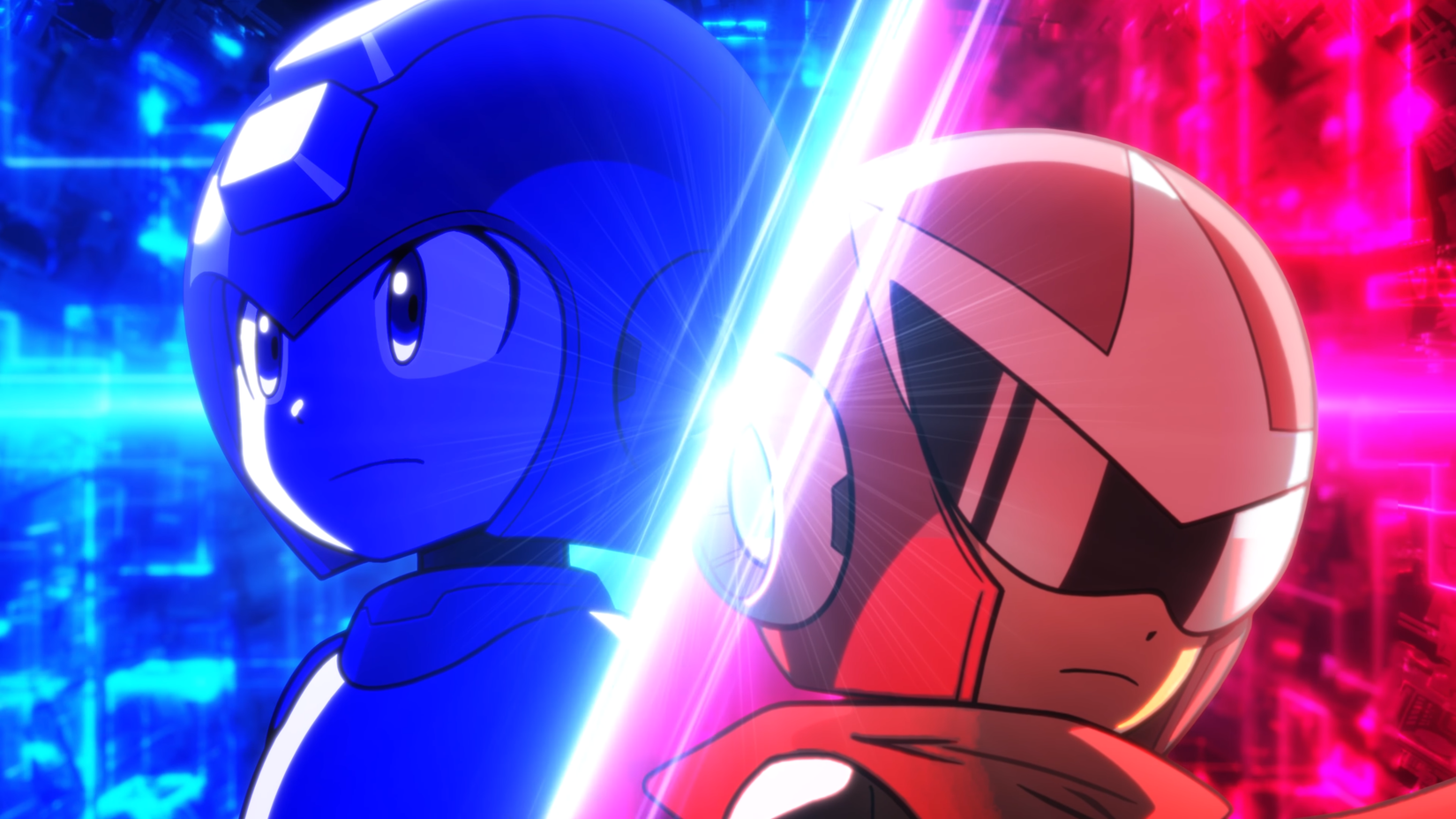 Mega Man and Proto Man posing in Dual Override.