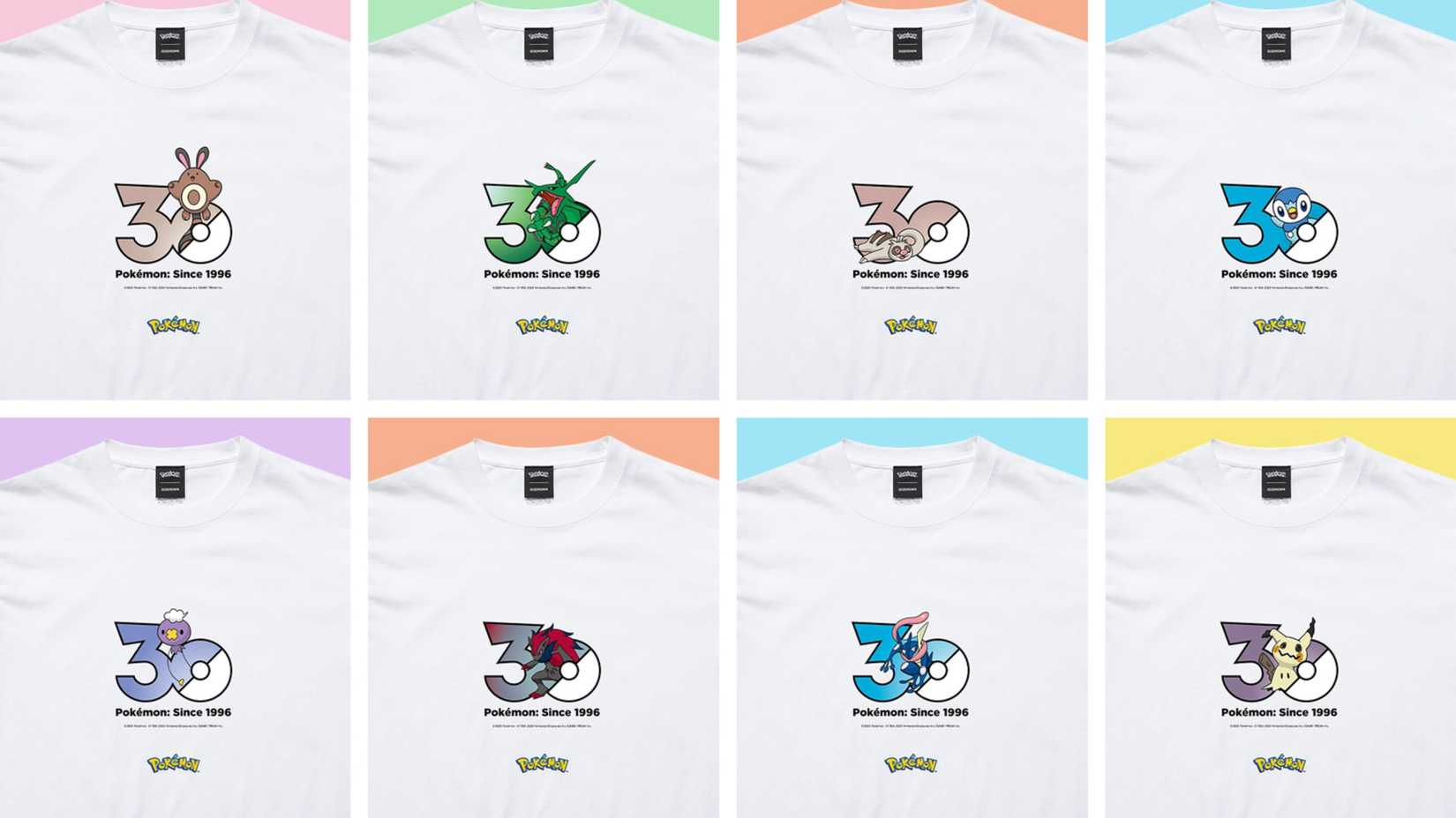 various anniversary pokemon logos on tshirts.