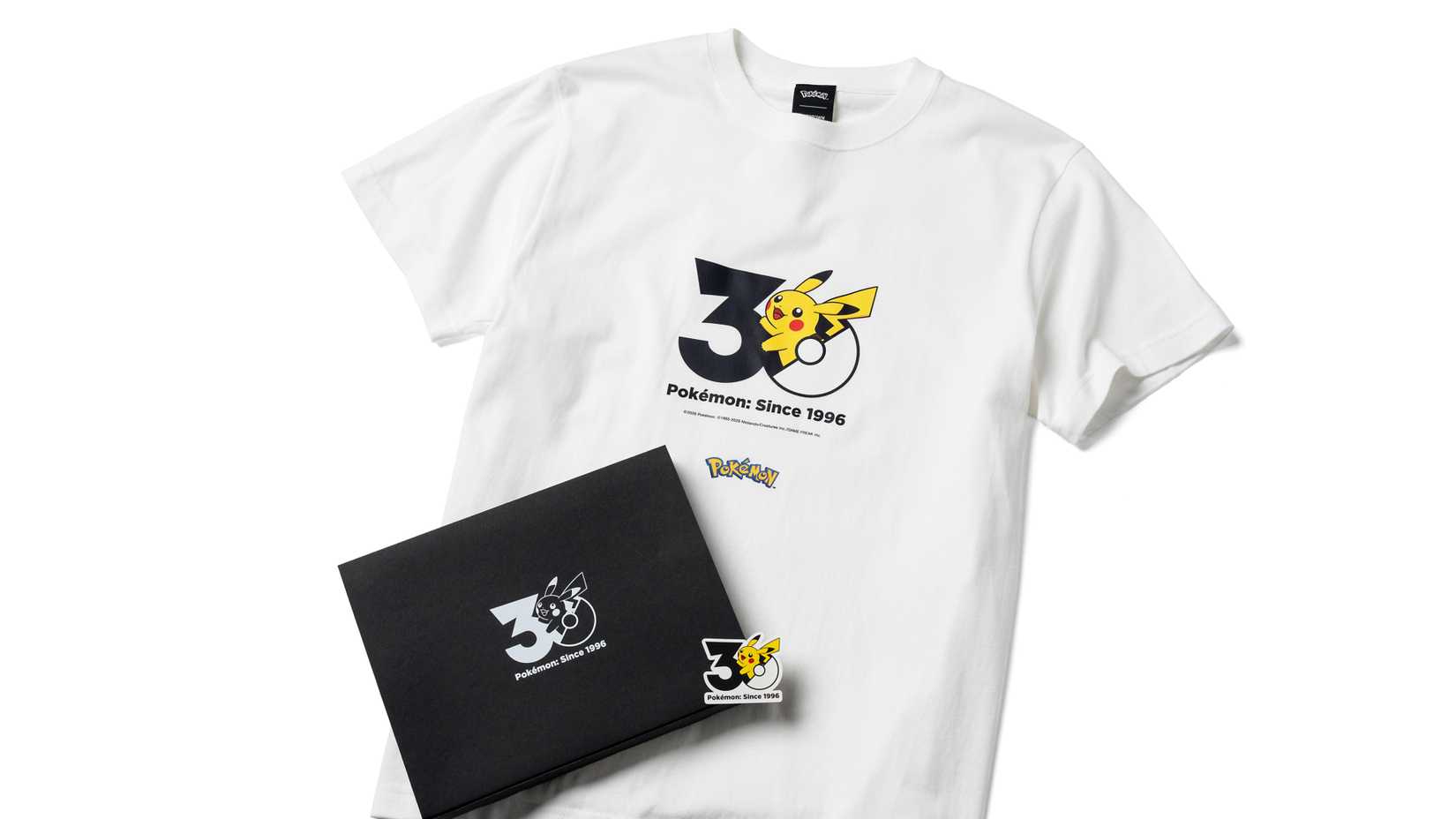 pokemon 30th anniversary tshirt with logo and sticker.
