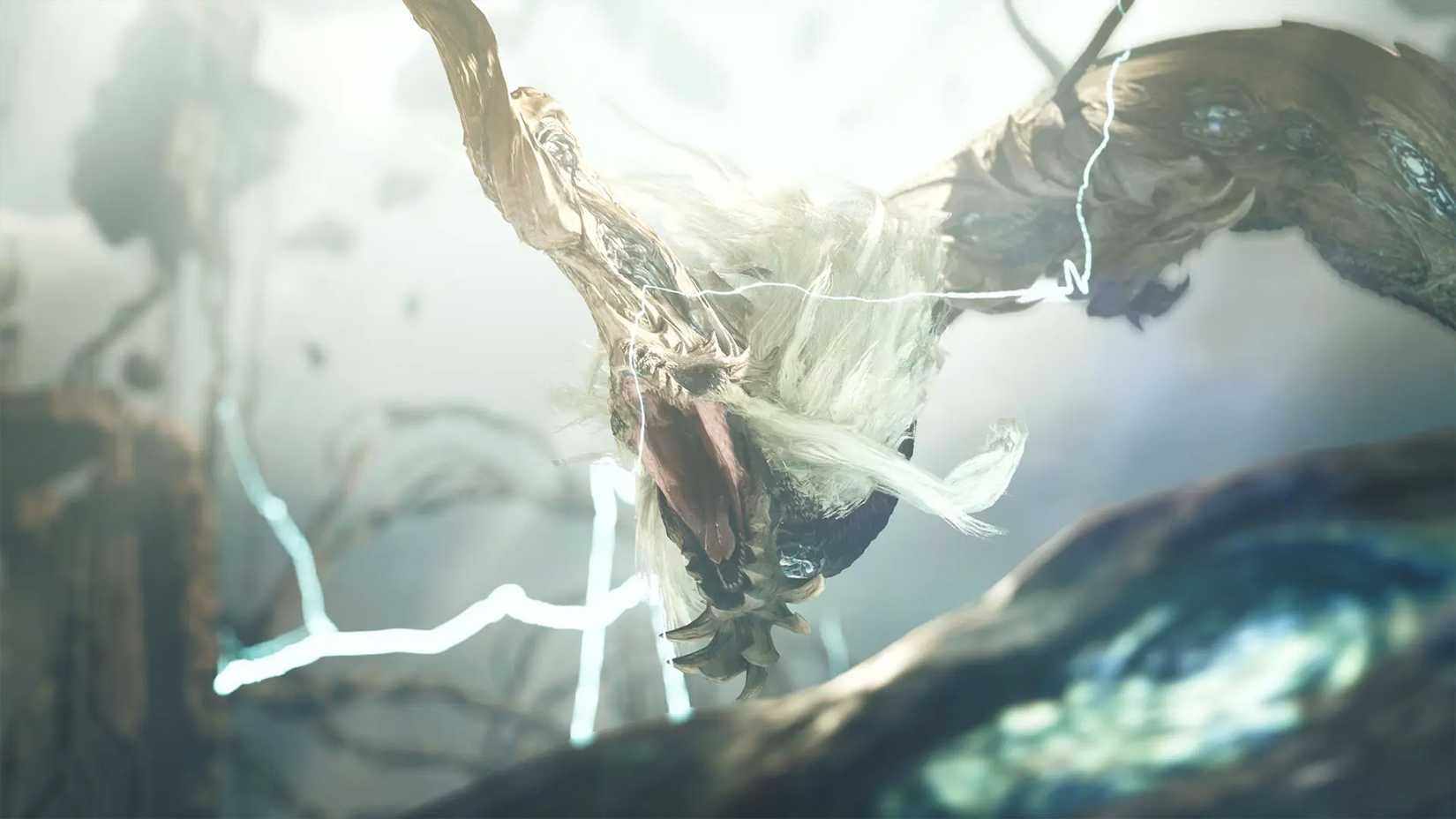 Monster Hunter Wilds Ascendance title monster floating and screaming.