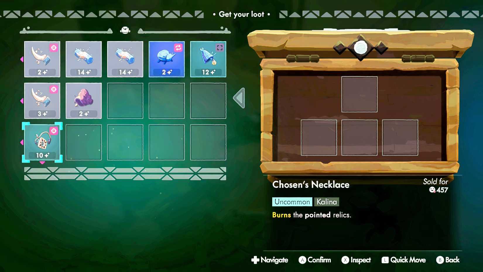 View of the backpack screen in Moonlighter 2: The Endless Vault