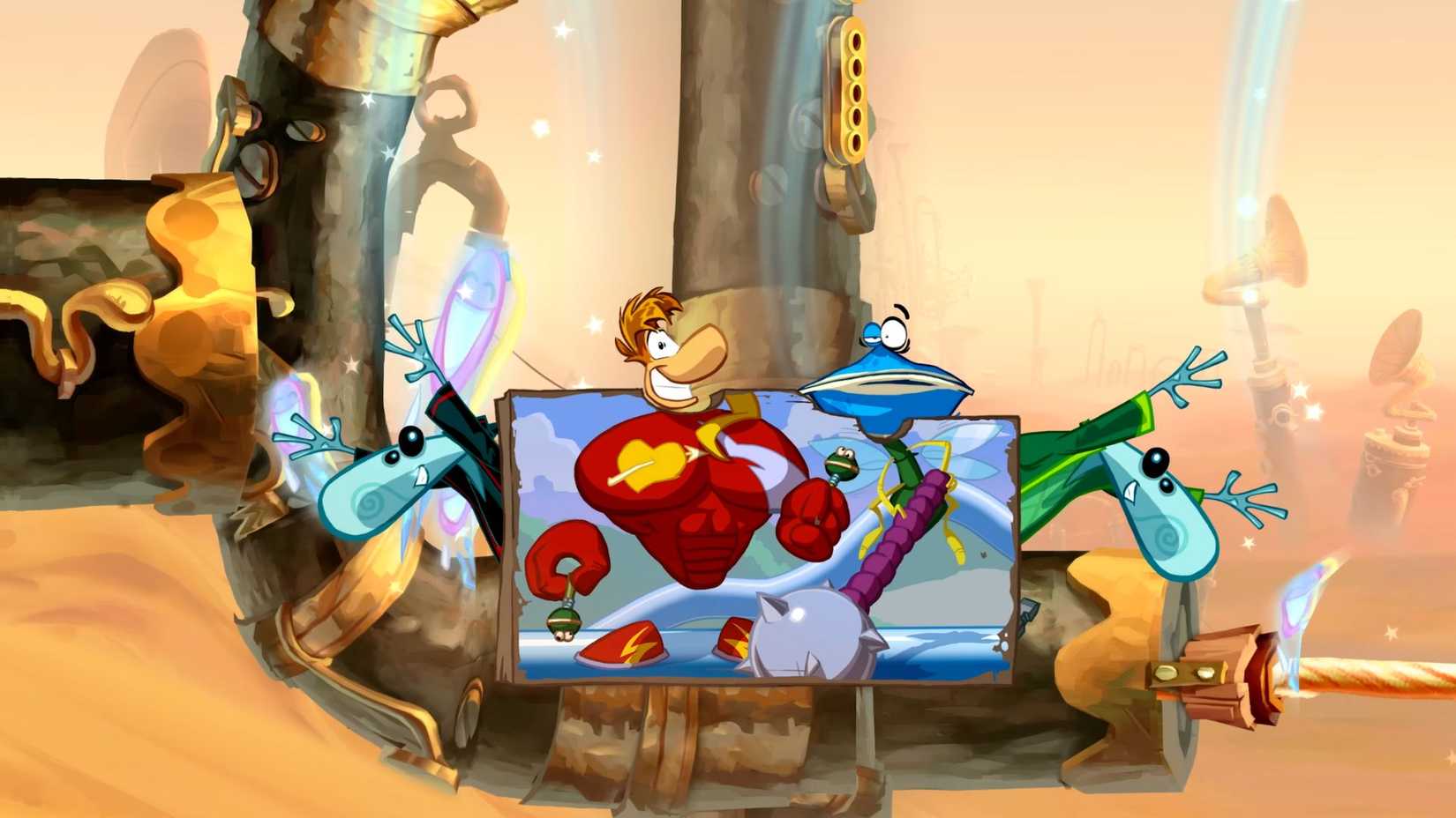 Rayman, Globox, and the Teensies in Rayman Origins: Enhanced Edition.