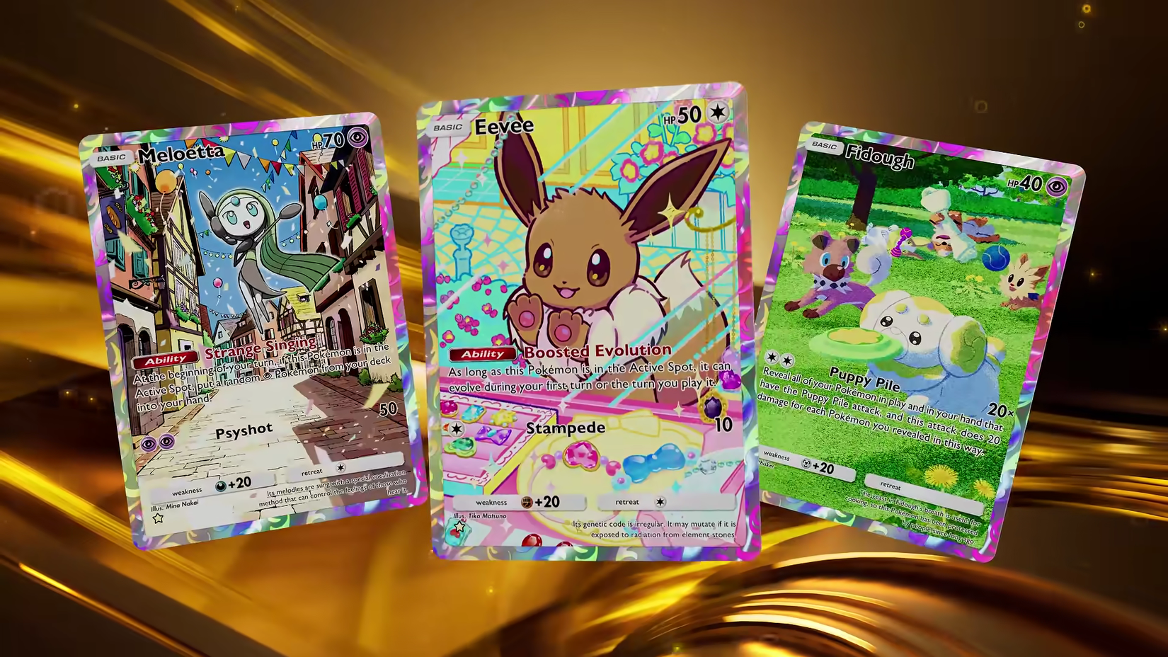 meloetta eevee and fidough full art cards in pokemon tcg pocket.