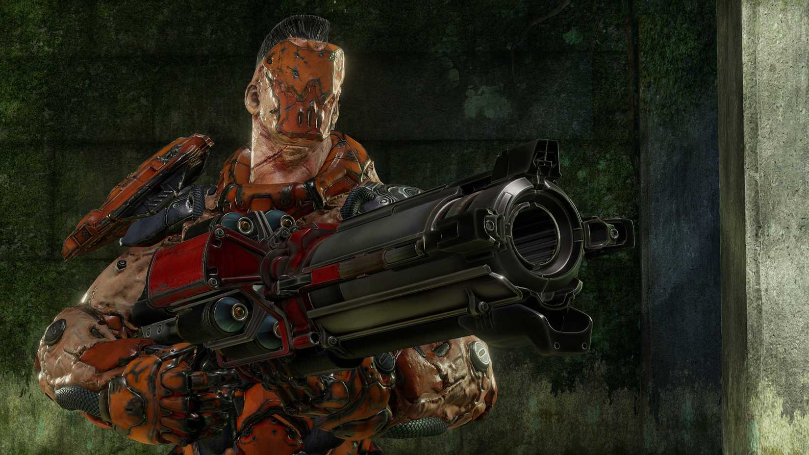 Quake champions masked character holding a large gun.