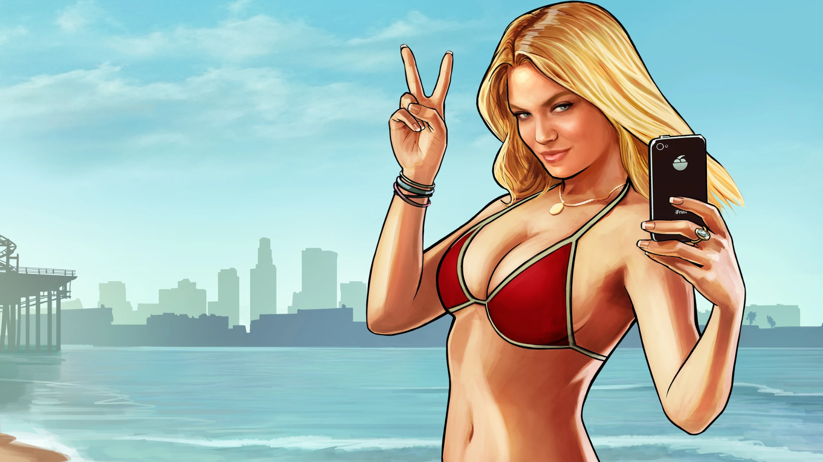 The cover girl for GTA 5, wearing a red bikini and taking a selfie with a peace sign.