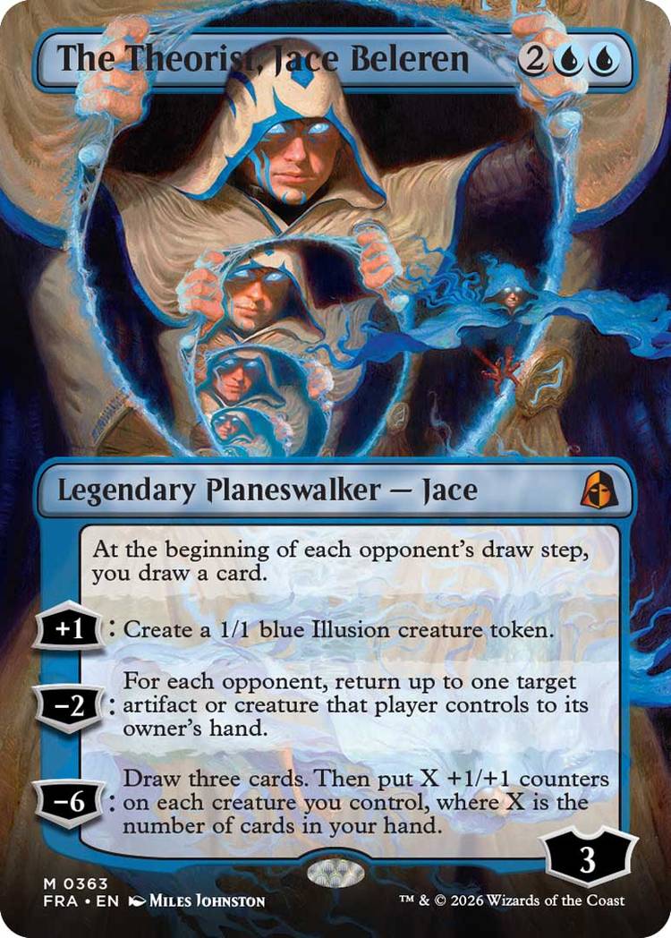 An image of The Theorist, Jace Beleren MTG card from Reality Fracture in the Braintwister variant.