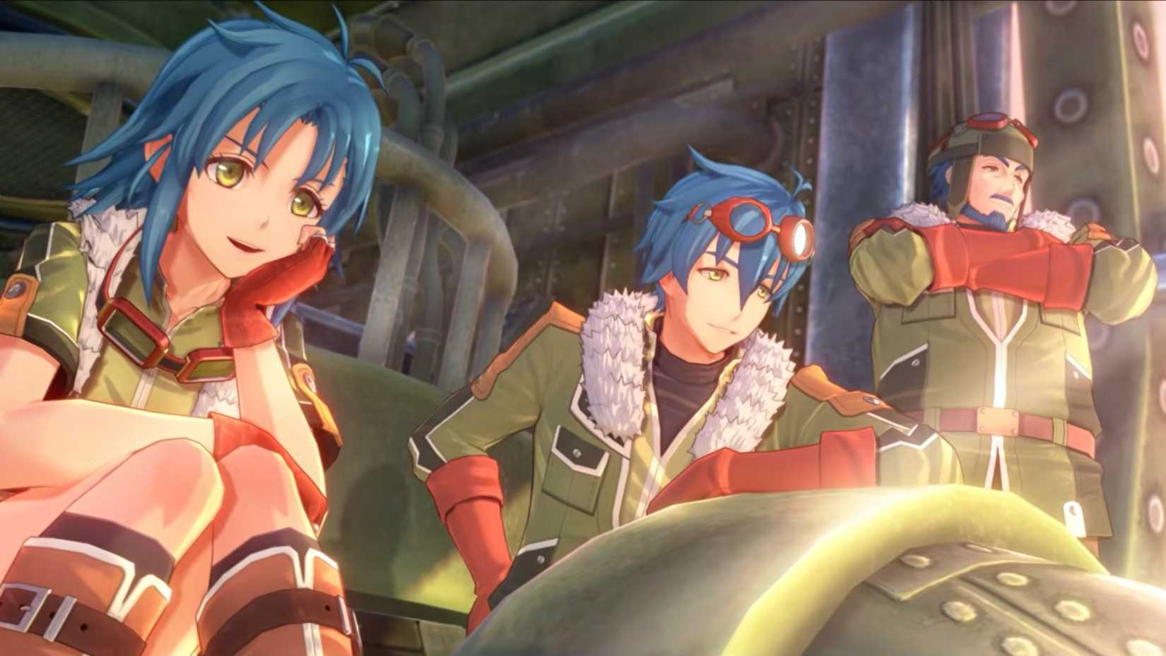 Three people with blue hair sat in a ship cockpit.