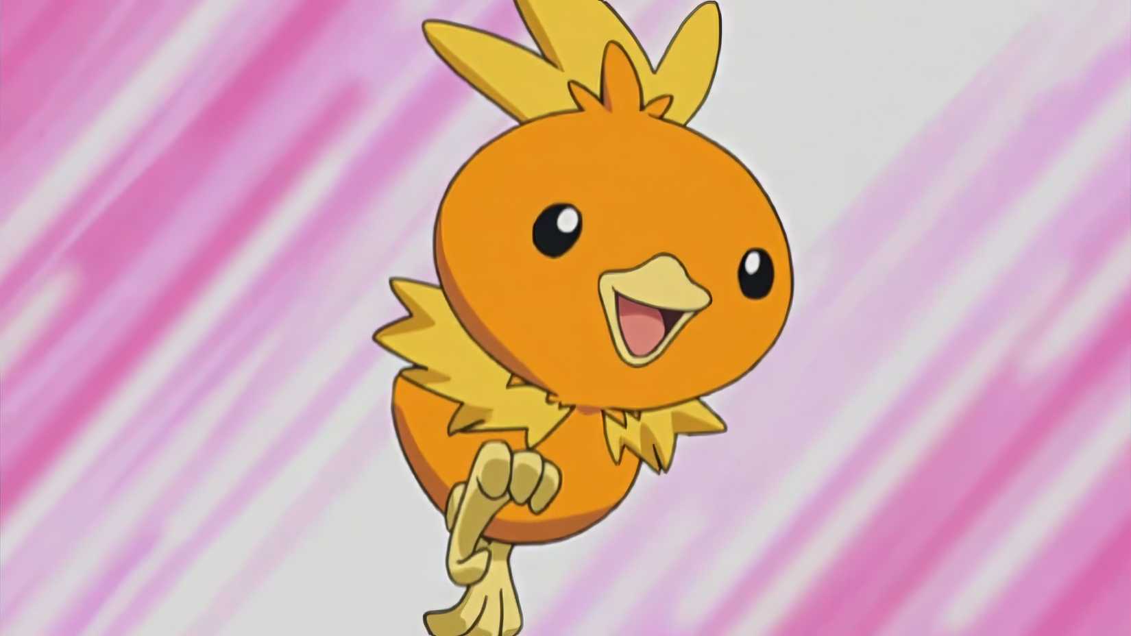 Torchic leaping in the air over a purple background in the Pokemon anime.